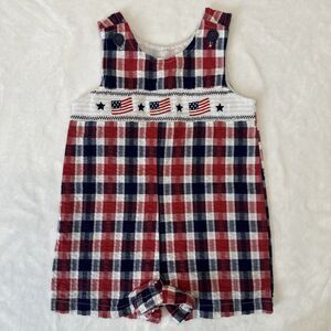 Goodlad Smocked Patriotic Shortall Romper 12M Plaid American Flag 4th NWOT